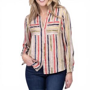 NIC+ZOE Painted Striped Top Womens 1X Multi Color Plus Size Artistic Blouse NEW